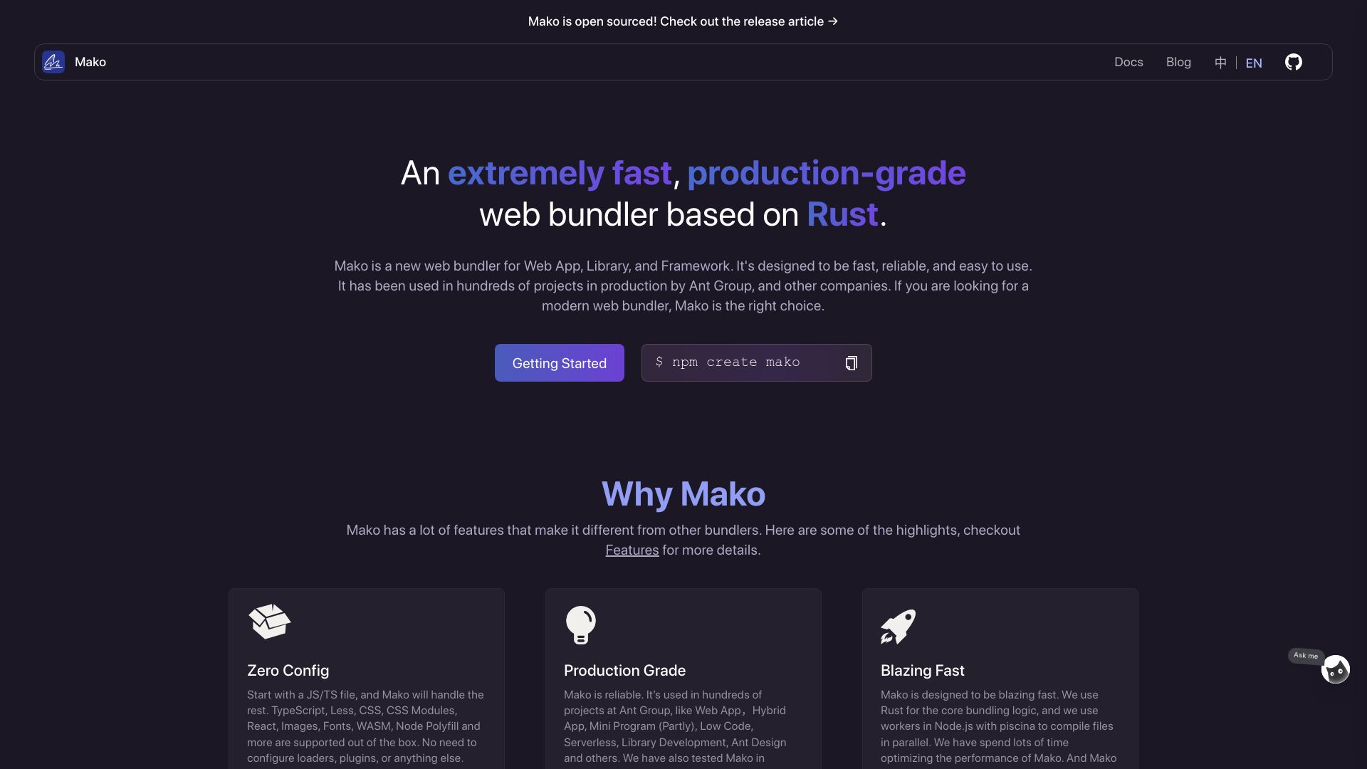 Screenshot of makojs.dev: Mako: Fast, production-grade web bundler