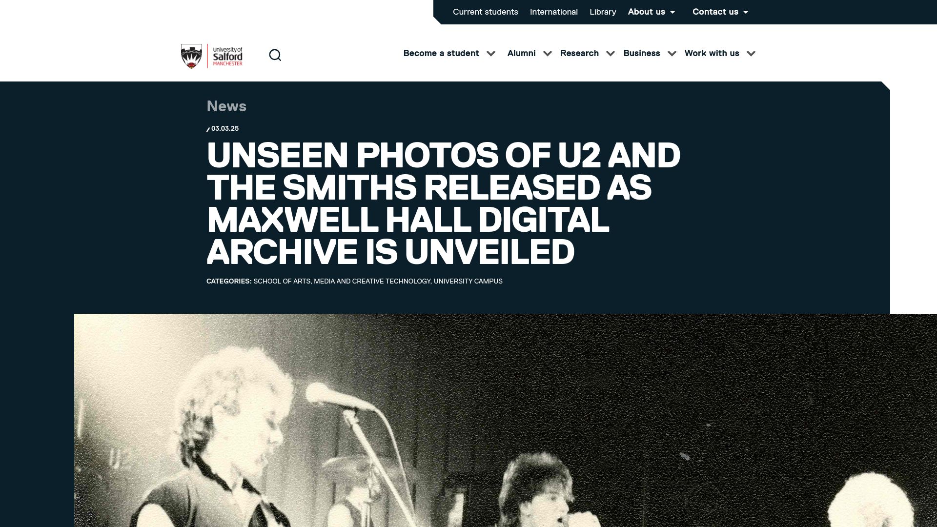 Screenshot of salford.ac.uk: Unseen photos of U2 and The Smiths released as Maxwell Hall Archive is unveiled
