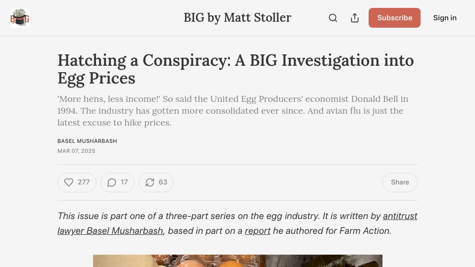 Screenshot of thebignewsletter.com: An investigation into egg prices