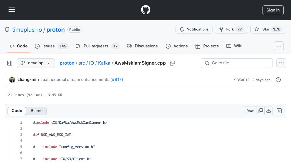 Screenshot of github.com: Show HN: C++ AWS MSK IAM Auth Implementation – Goodbye Kafka Passwords