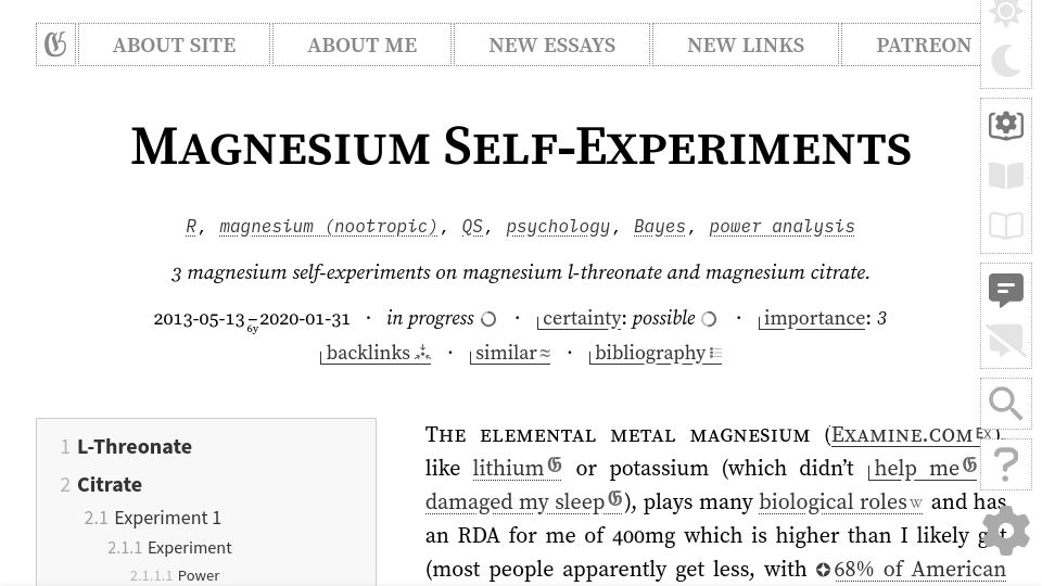 Screenshot of gwern.net: Magnesium Self-Experiments
