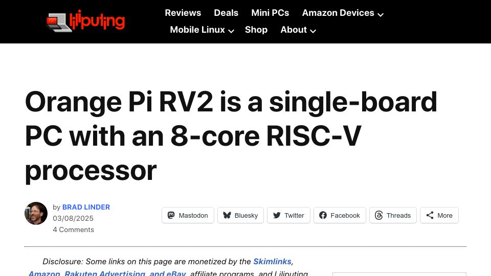 Screenshot of liliputing.com: Orange Pi RV2 is a single-board PC with an 8-core RISC-V processor