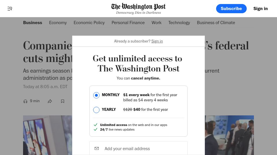 Screenshot of washingtonpost.com: DOGE's government cuts may hurt business, companies warn investors