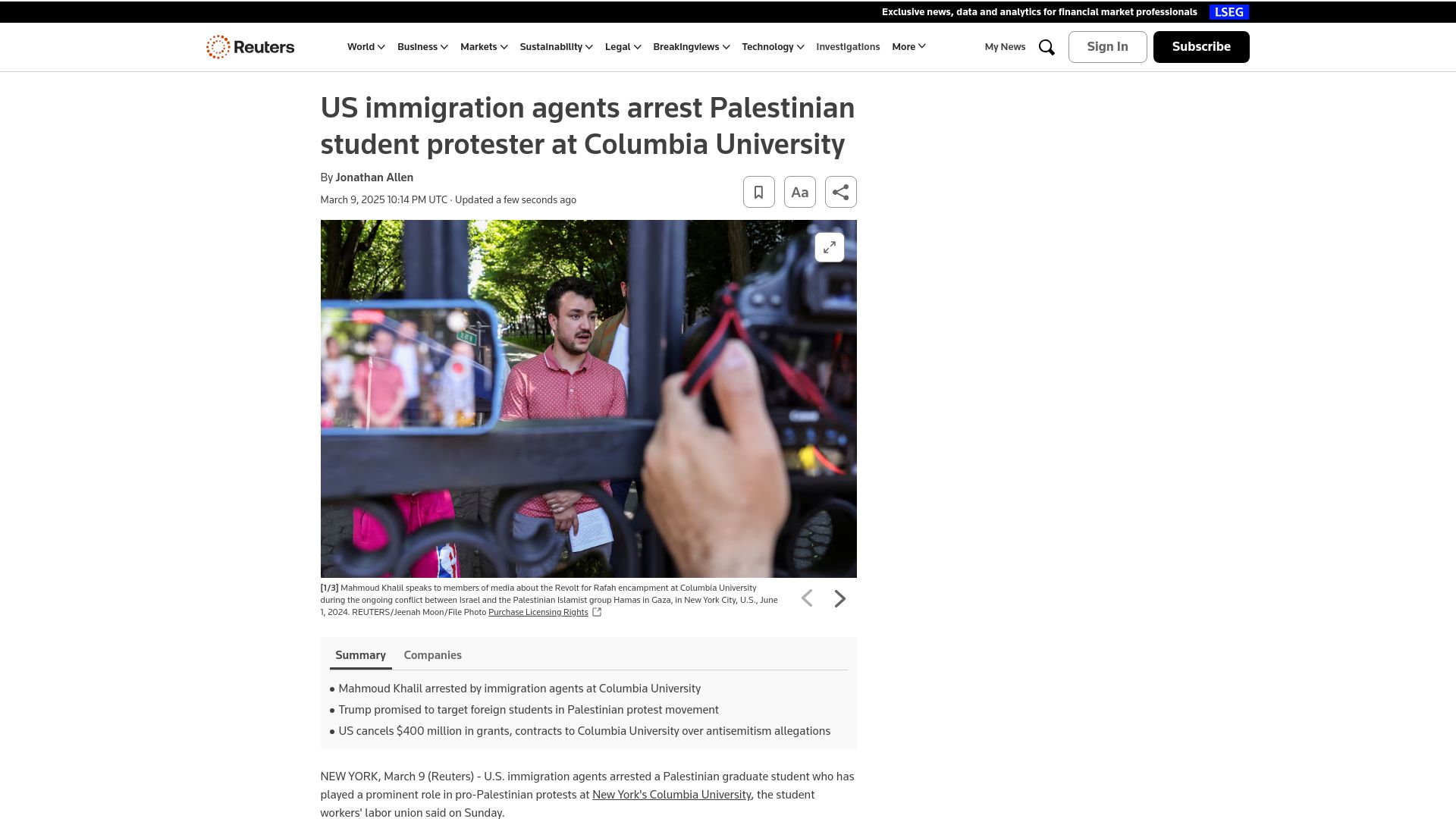 Screenshot of reuters.com: US authorities arrest Palestinian student protester at Columbia University