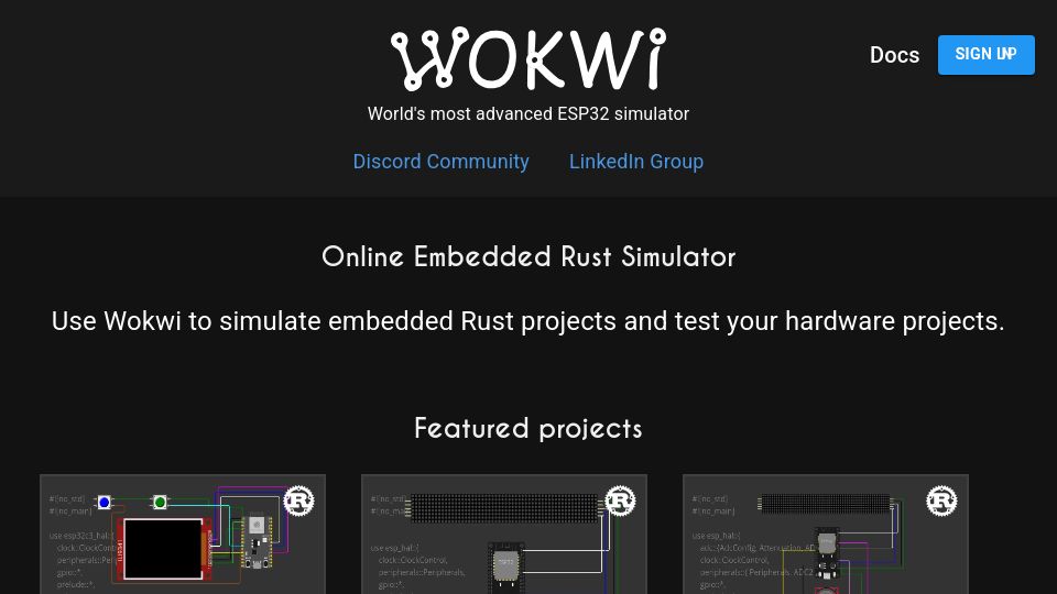 Screenshot of wokwi.com: Online Embedded Rust Simulator