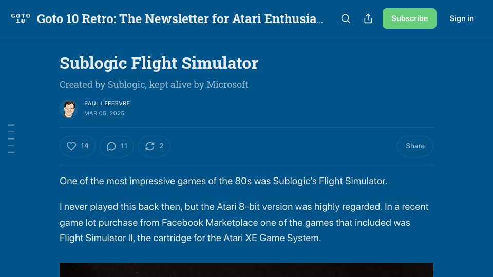 Screenshot of goto10retro.com: Sublogic Flight Simulator