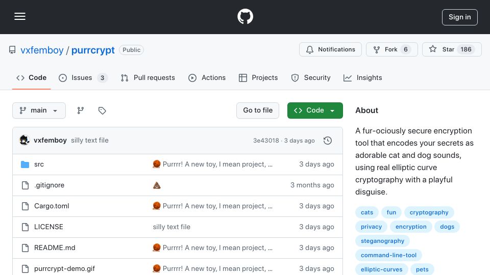 Screenshot of github.com: PurrCrypt: Steganographic encryption disguised as pet sounds