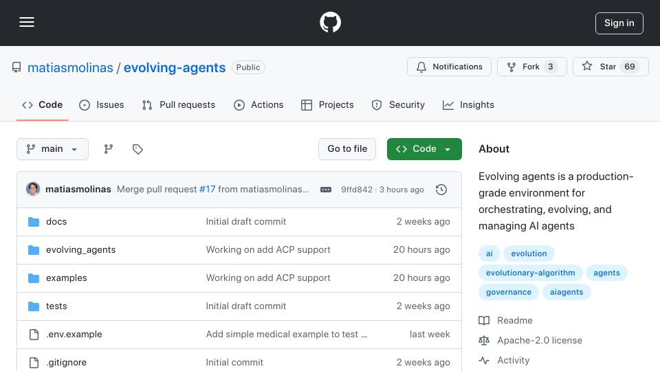 Screenshot of github.com: Show HN: Evolving Agents Framework