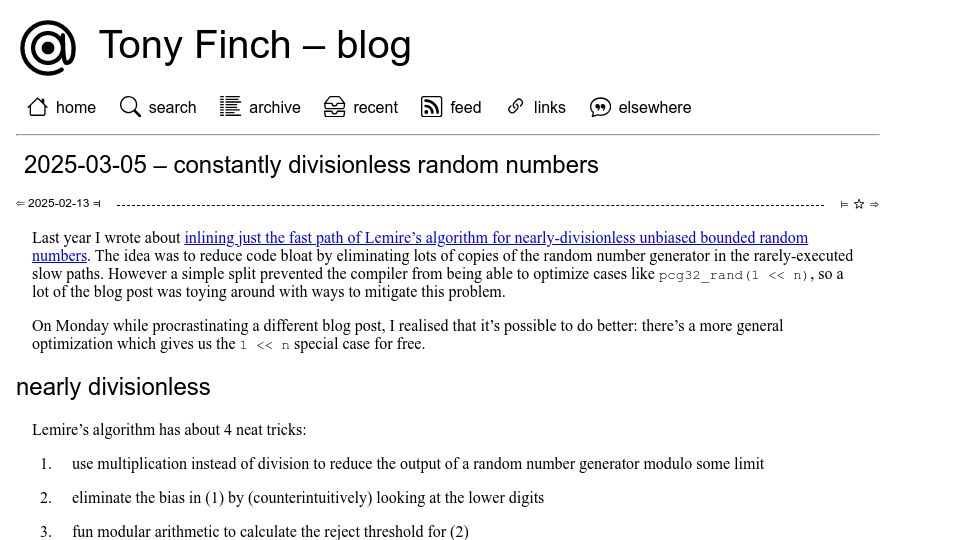 Screenshot of dotat.at: Constantly Divisionless Random Numbers