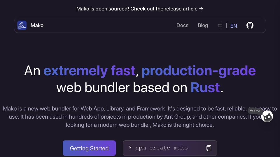 Screenshot of makojs.dev: Mako: Fast, production-grade web bundler