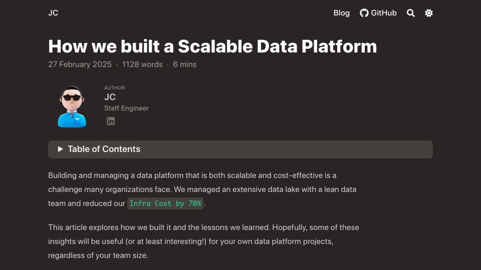 Screenshot of jchandra.com: We built a modern data stack from scratch and reduced our bill by 70%