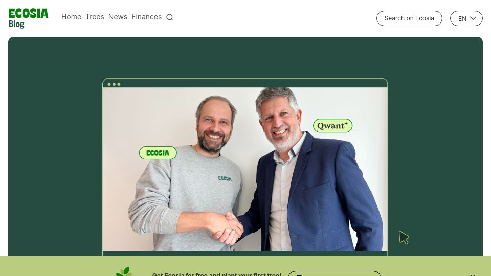Screenshot of blog.ecosia.org: Ecosia is teaming up with Qwant to build a European search index
