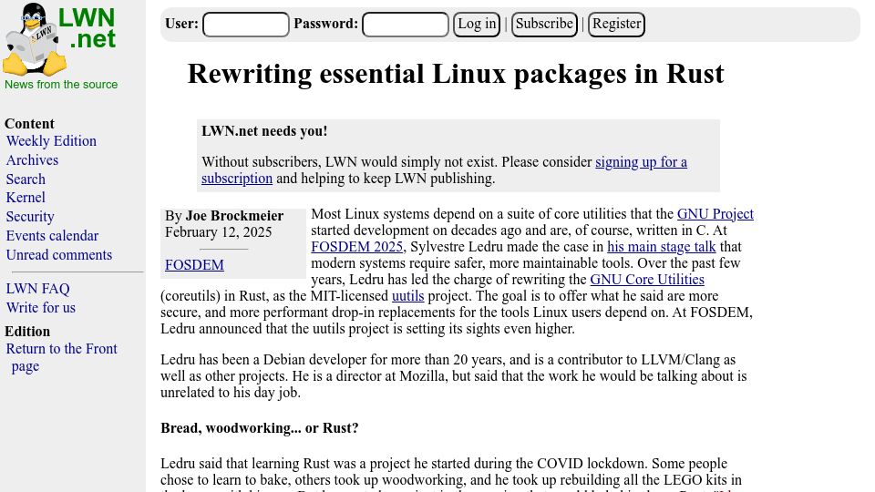 Screenshot of lwn.net: Rewriting essential Linux packages in Rust