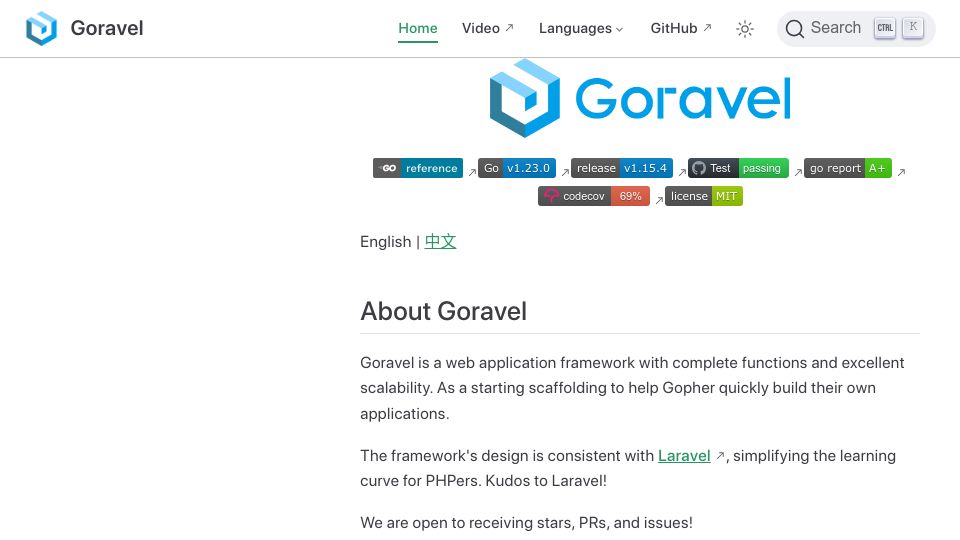 Screenshot of goravel.dev: Goravel: A Go framework inspired by Laravel