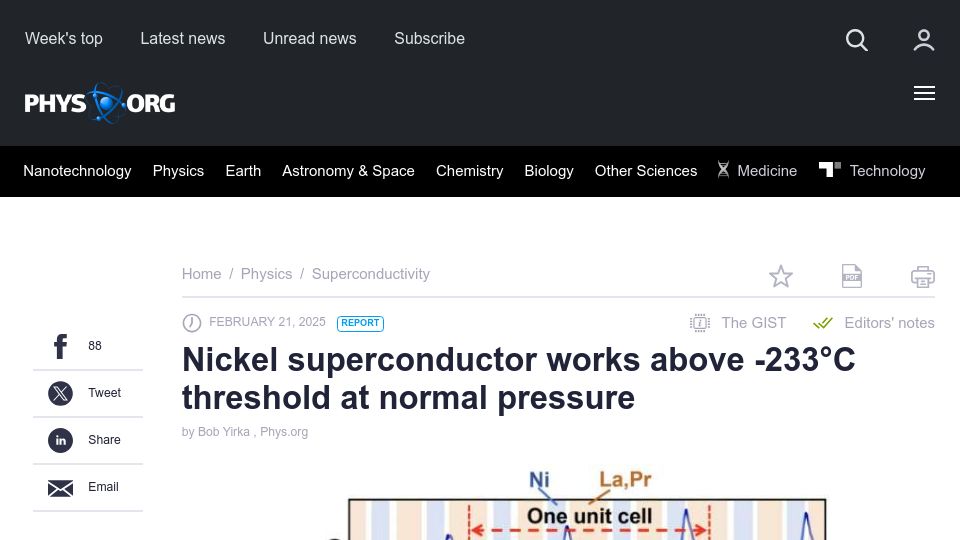Screenshot of phys.org: Nickel superconductor works above -233°C threshold at normal pressure
