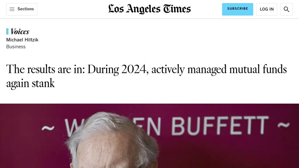 Screenshot of latimes.com: Compared to index funds, actively managed mutual funds still stink
