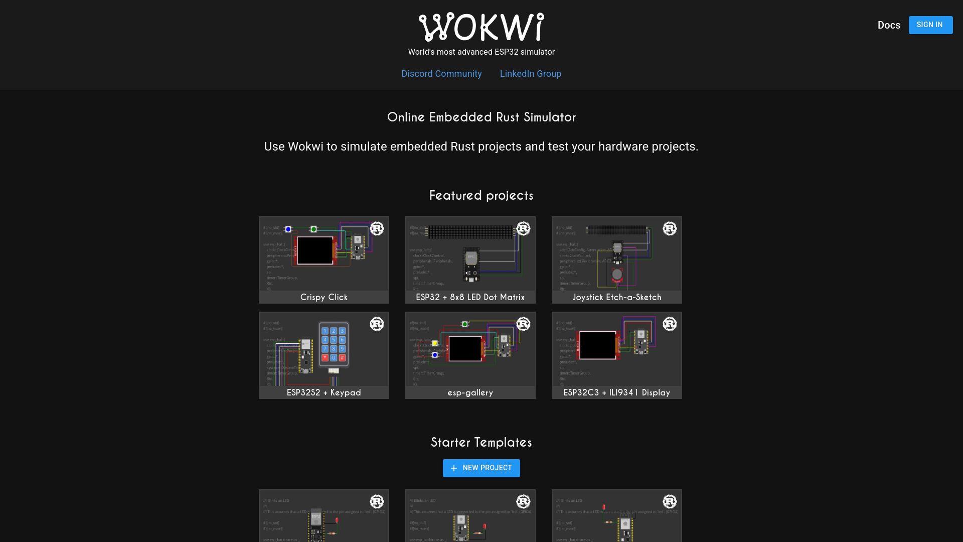 Screenshot of wokwi.com: Online Embedded Rust Simulator