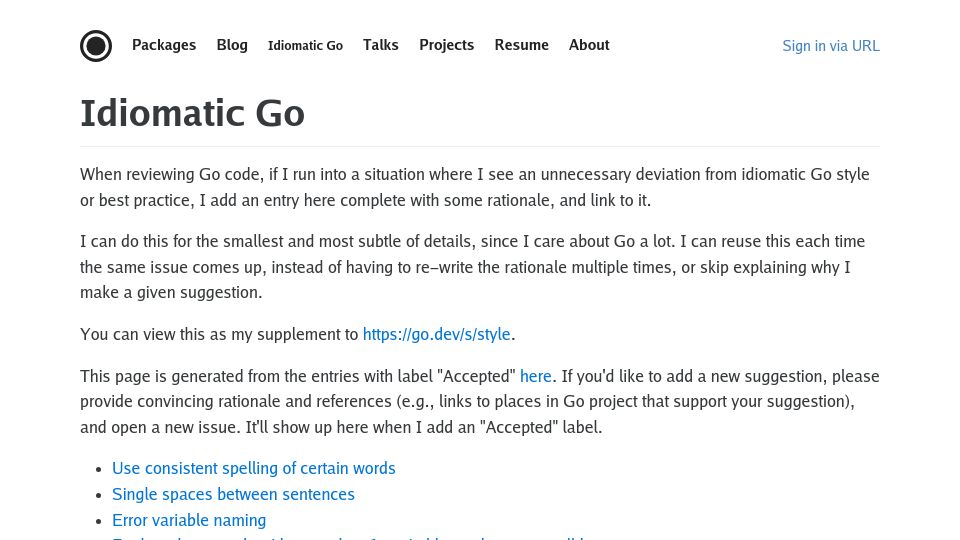 Screenshot of dmitri.shuralyov.com: Idiomatic Go (2016)