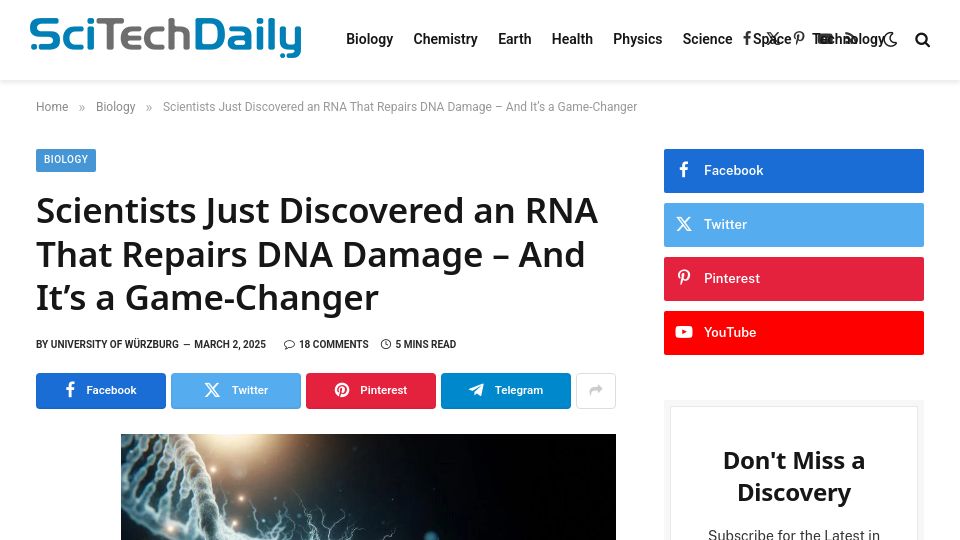 Screenshot of scitechdaily.com: Scientists discover an RNA that repairs DNA damage