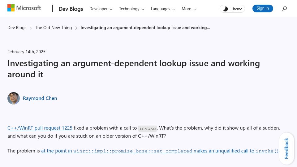 Screenshot of devblogs.microsoft.com: Investigating an argument-dependent lookup issue and working around it