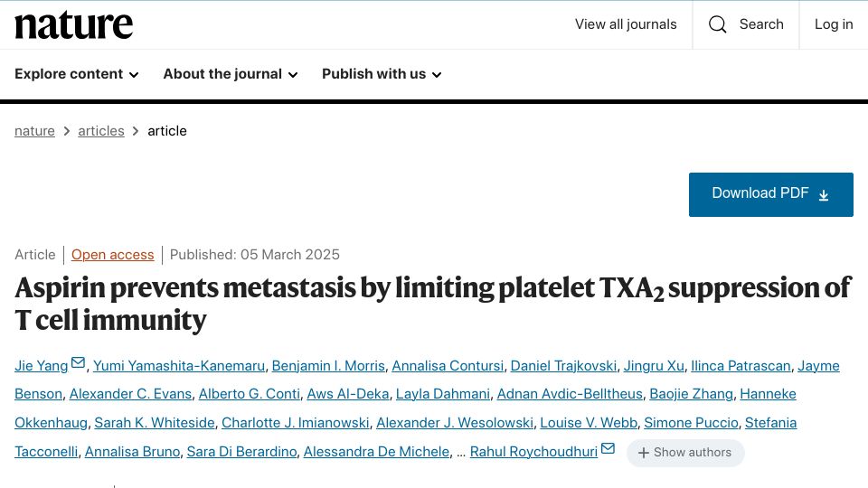 Screenshot of nature.com: Aspirin prevents metastasis by limiting platelet TXA2 suppression of immunity