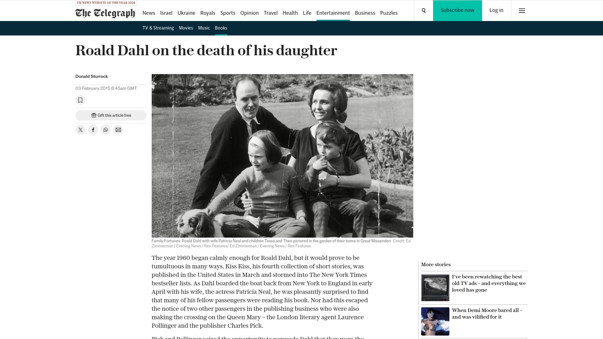 Screenshot of telegraph.co.uk: Roald Dahl on the death of his daughter (2015)