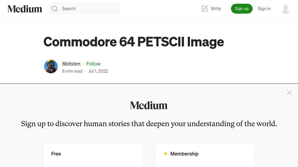 Screenshot of medium.com: Commodore 64 PETSCII Image (2022)