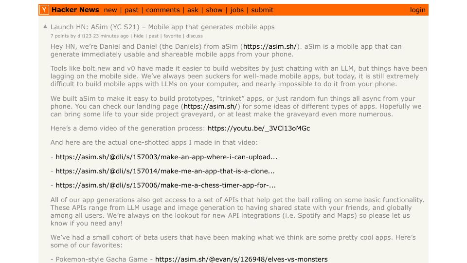 Screenshot of Hacker News post: Launch HN: ASim (YC S21) – Mobile app that generates mobile apps
