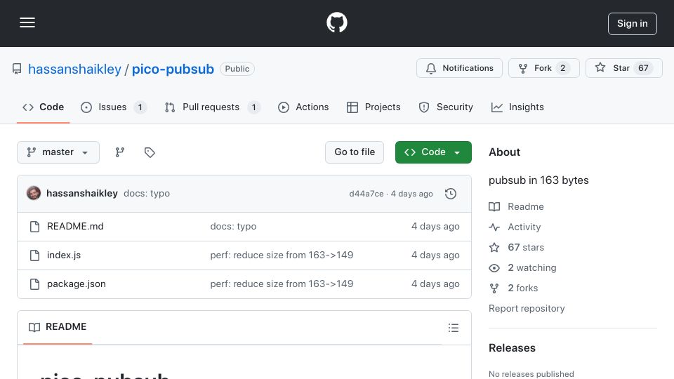 Screenshot of github.com: Show HN: JavaScript PubSub in 163 Bytes