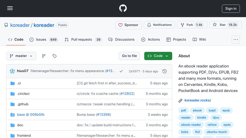 Screenshot of github.com: KOReader: Open-Source eBook Reader