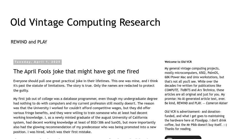 Screenshot of oldvcr.blogspot.com: The April Fools joke that might have got me fired
