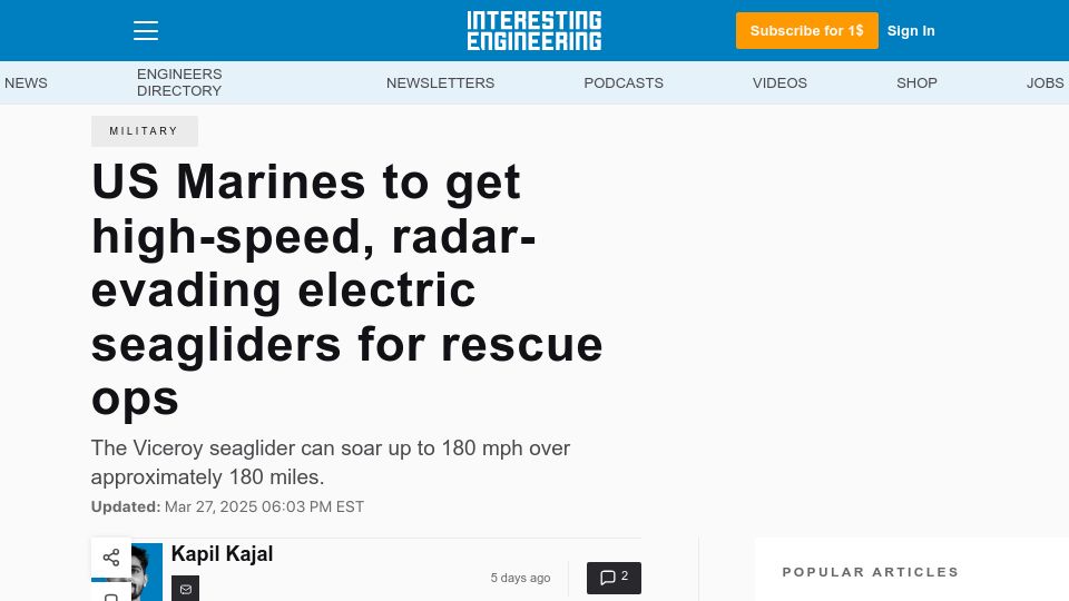Screenshot of interestingengineering.com: US Marines to get high-speed, radar-evading electric seagliders for rescue ops