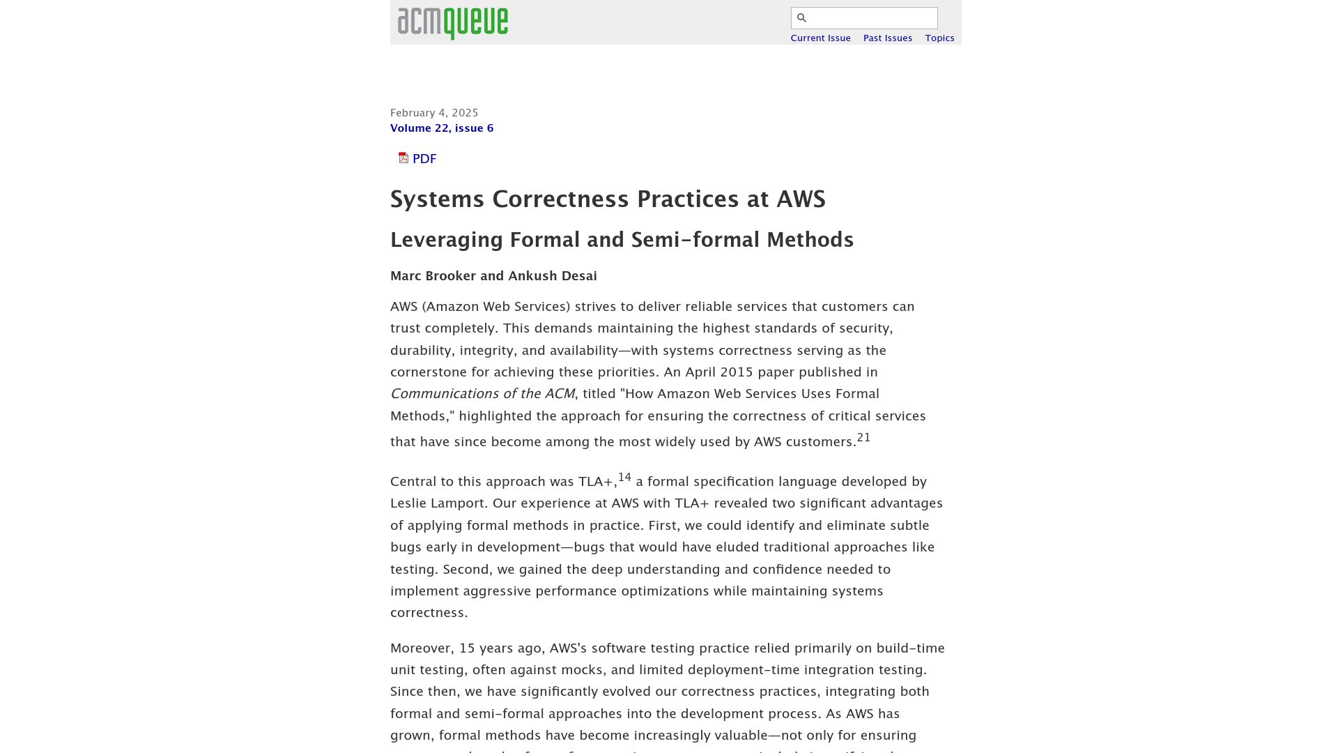 Screenshot of queue.acm.org: Systems Correctness Practices at AWS: Leveraging Formal and Semi-Formal Methods