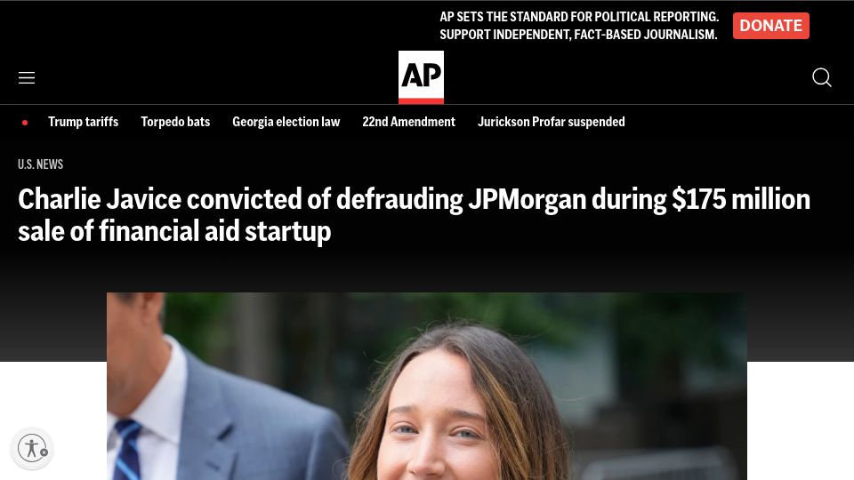 Screenshot of apnews.com: Charlie Javice convicted of defrauding JPMorgan in $175M startup sale