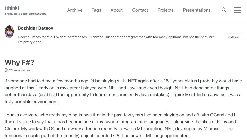 Screenshot of batsov.com: Why F#?