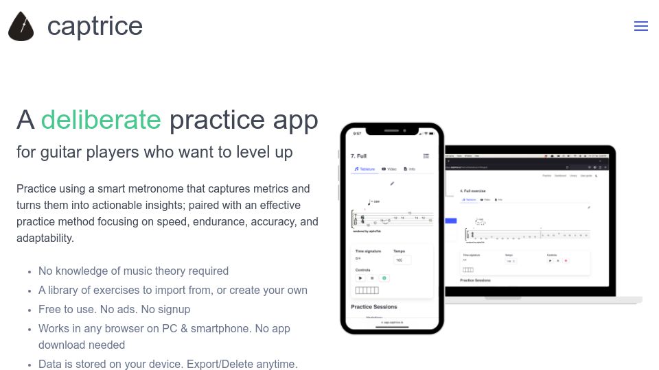 Screenshot of captrice.io: A deliberate practice app for guitar players who want to level up