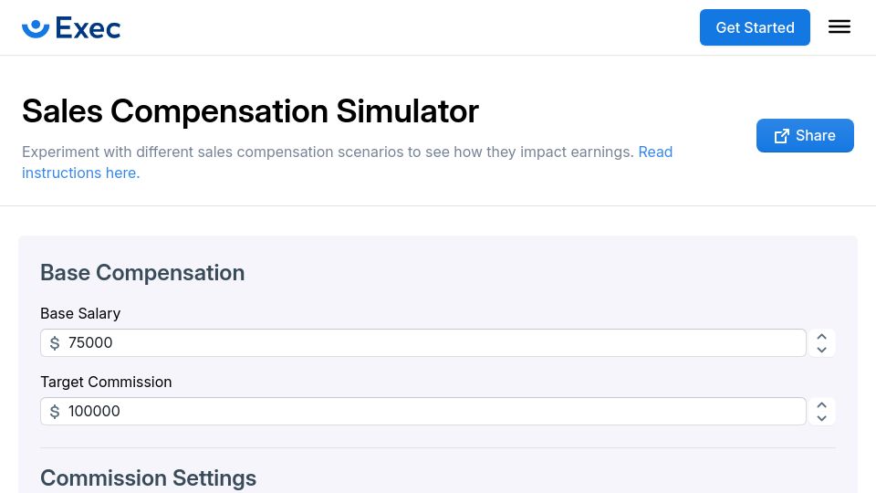 Screenshot of exec.com: Sales Compensation Simulator