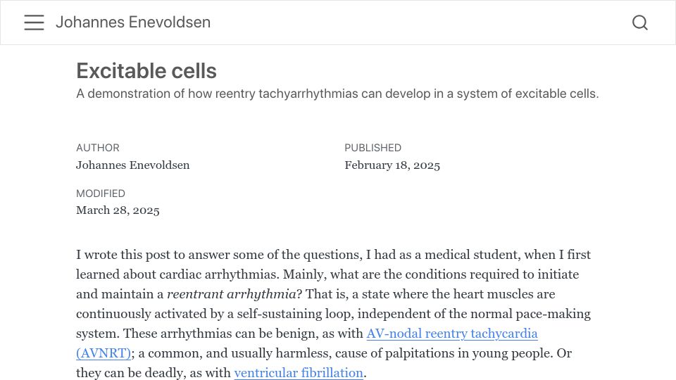 Screenshot of jenevoldsen.com: Excitable cells