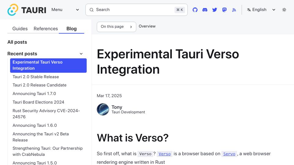 Screenshot of v2.tauri.app: Experimental Tauri Verso Integration