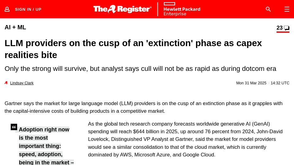 Screenshot of theregister.com: LLM providers on the cusp of an 'extinction' phase as capex realities bite