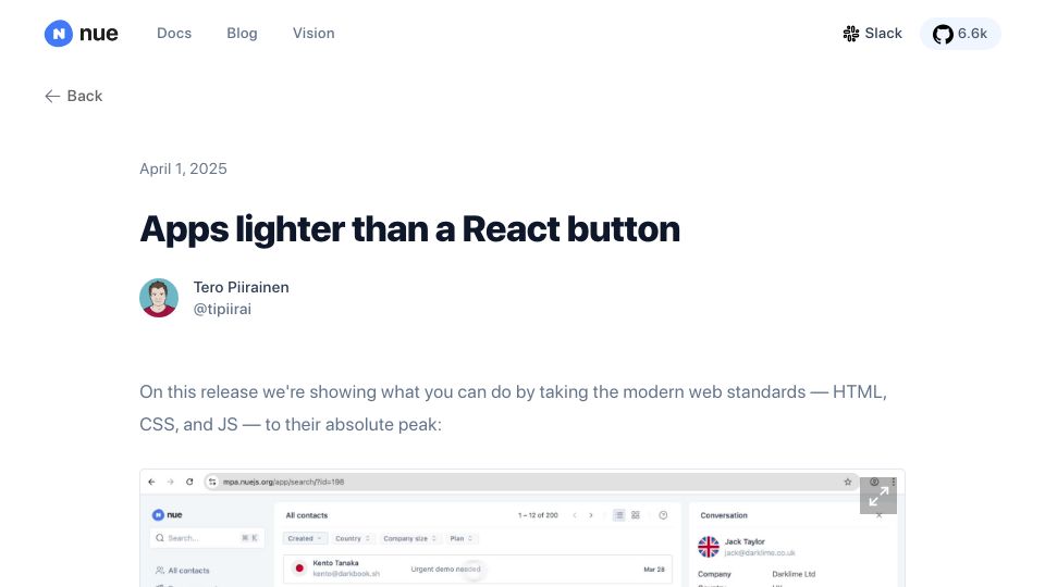 Screenshot of nuejs.org: Show HN: Nue – Apps lighter than a React button