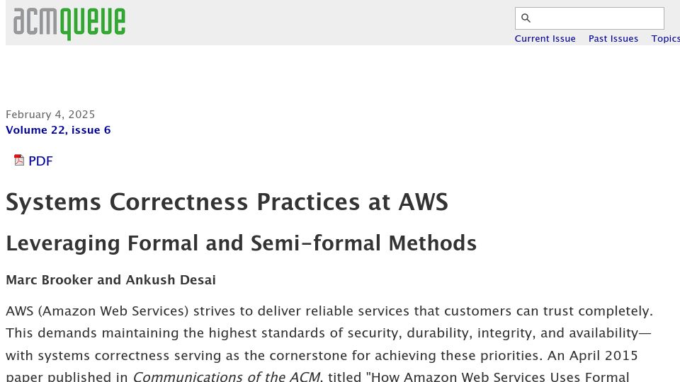 Screenshot of queue.acm.org: Systems Correctness Practices at AWS: Leveraging Formal and Semi-Formal Methods