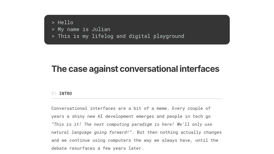 Screenshot of julian.digital: The case against conversational interfaces