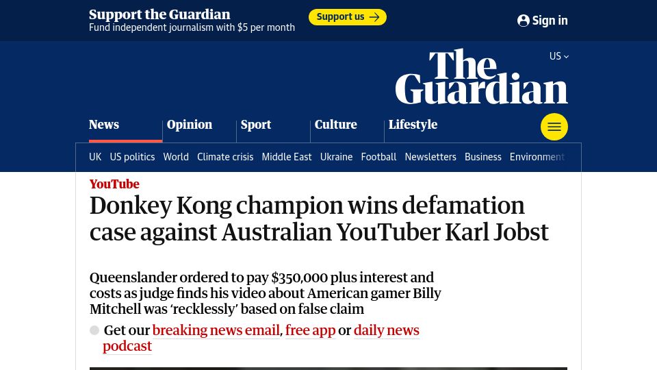 Screenshot of theguardian.com: Donkey Kong champion wins defamation case against Australian YouTuber Karl Jobst