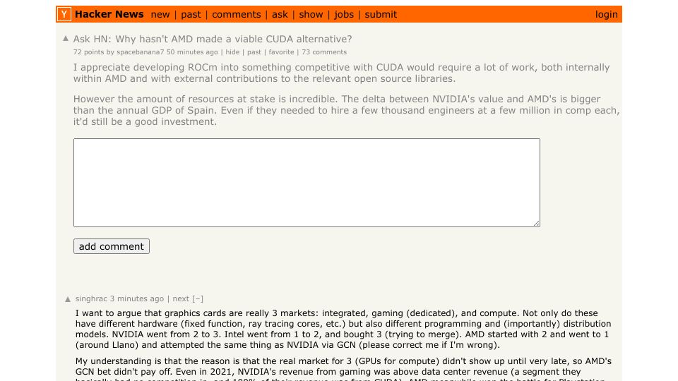 Screenshot of Hacker News post: Ask HN: Why hasn’t AMD made a viable CUDA alternative?