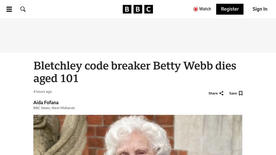Screenshot of bbc.com: Bletchley code breaker Betty Webb dies aged 101