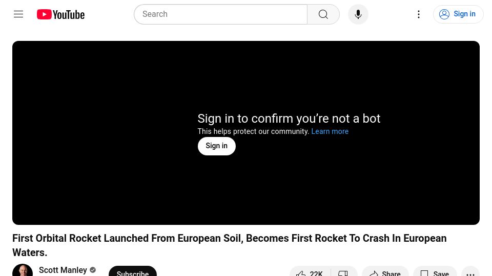 Screenshot of youtube.com: First Orbital Rocket Launched from European Soil, Rocket Crashes, but It's Cool [video]