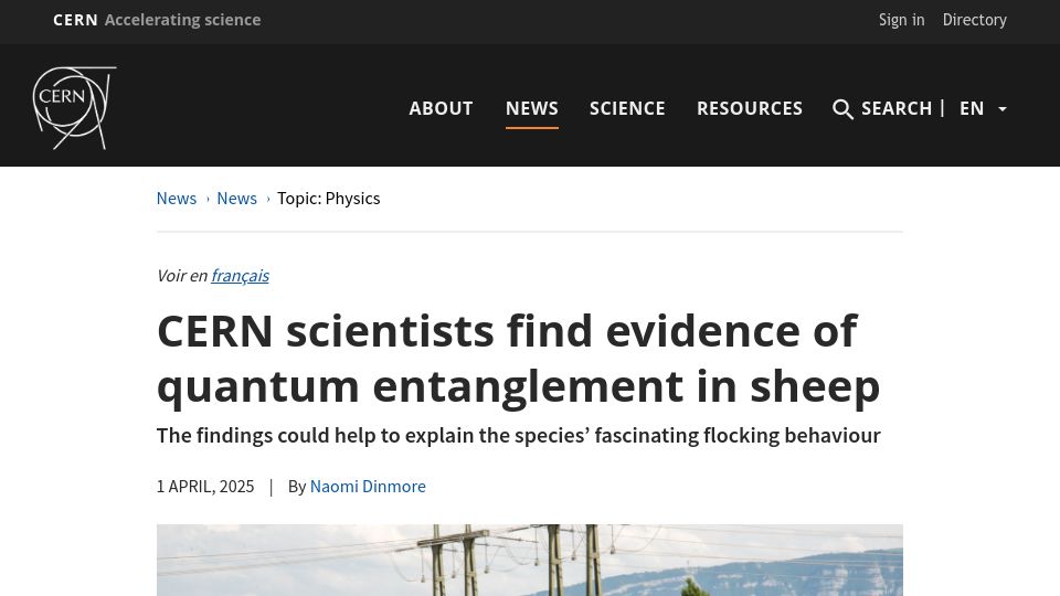 Screenshot of home.cern: CERN scientists find evidence of quantum entanglement in sheep