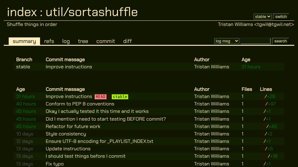 Screenshot of git.tgwil.net: I made a show shuffler that shuffles shows in order