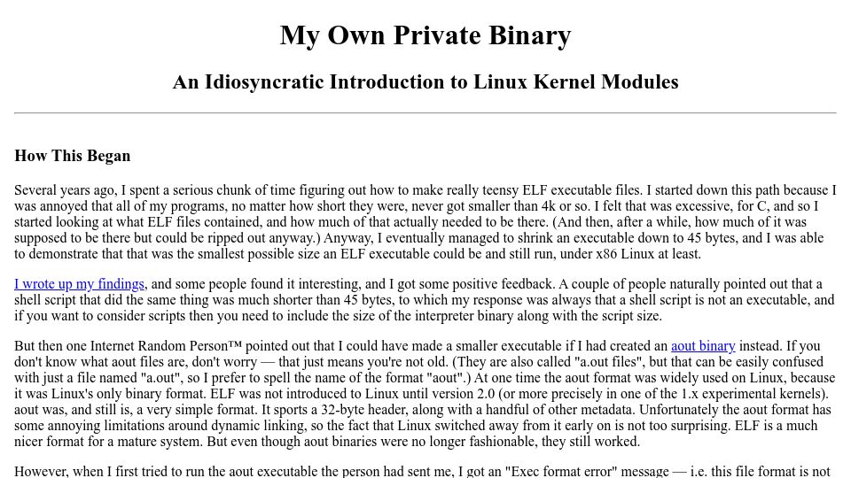 Screenshot of muppetlabs.com: My Own Private Binary: An Idiosyncratic Introduction to Linux Kernel Modules